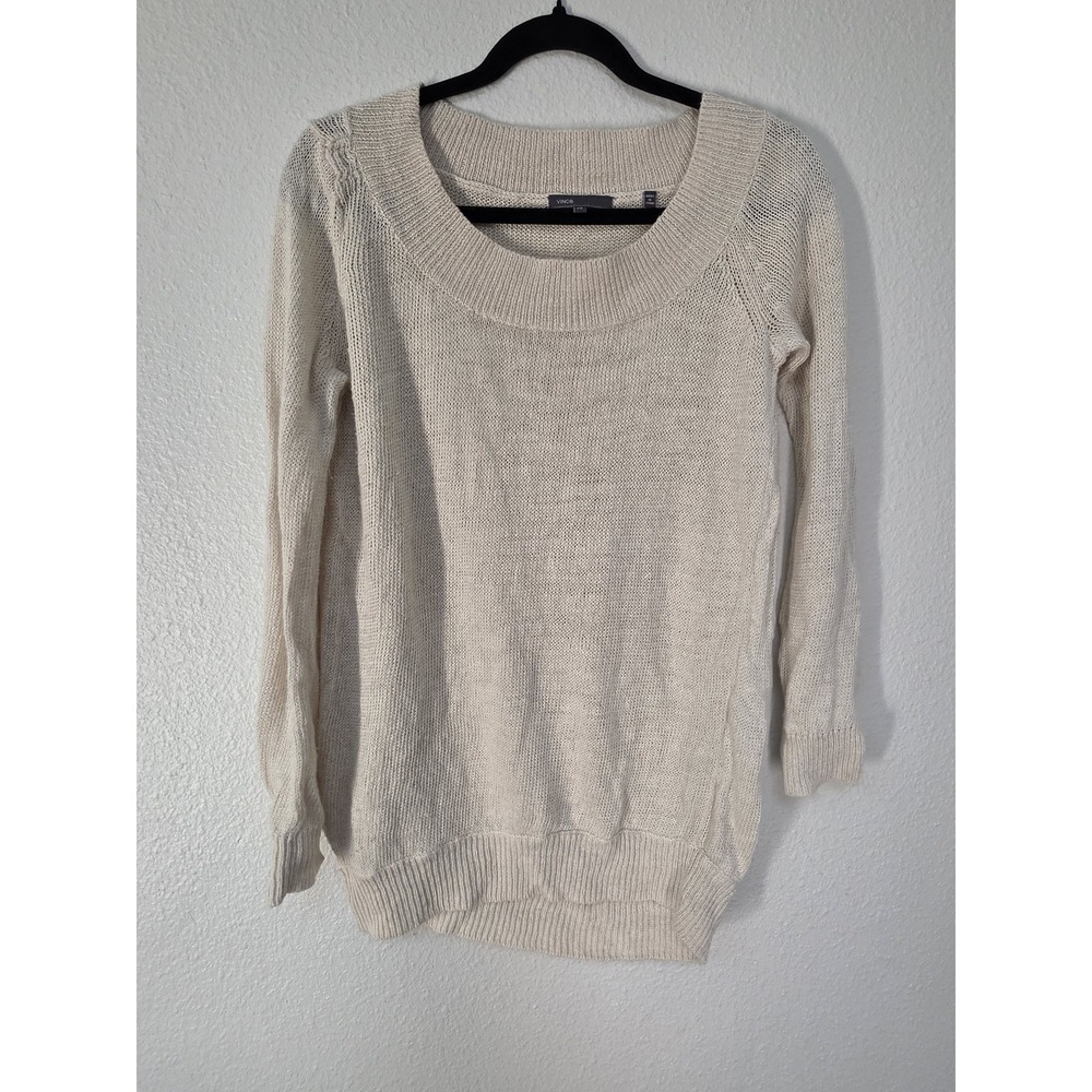 Vince Women Pullover Sweater XS Beige Solid Round Neck Long Sleeve Knit Top